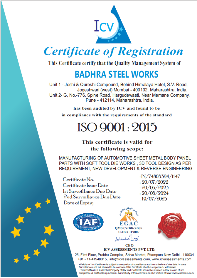 Badhra Steel Works ISO 9001:2015 Certificate